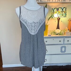 Gray Tank Top with White Lace Detail, 1X